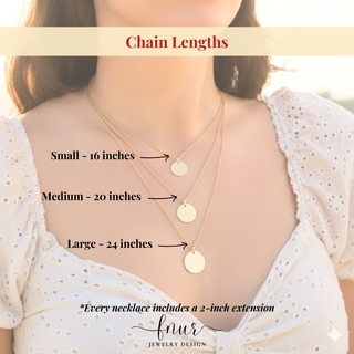 A woman wearing layered gold necklaces with round disc pendants, shown with text labels indicating chain lengths: Small 16 inches, Medium 20 inches, and Large 24 inches. The image includes the brand name 'fnur JEWELRY DESIGN' at the bottom.