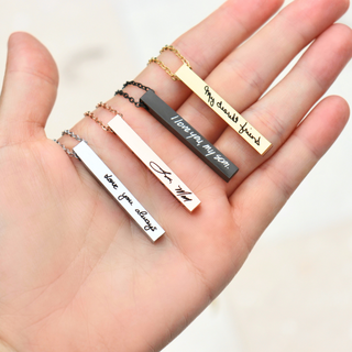 Colors of actual handwriting bar necklace personalized. 