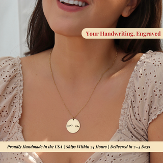A close-up of a woman wearing a delicate gold necklace with a round engraved pendant. The image features text overlays highlighting the custom engraving service and shipping details.