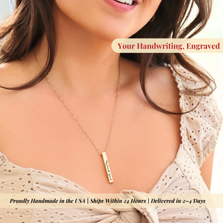 A close-up of a woman wearing a delicate gold necklace with a vertical bar pendant engraved with her name. She is wearing a cream-colored eyelet top, and text overlays highlight the personalized engraving service.