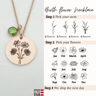 Rose gold birth flower necklace with a round engraved disc pendant and a green gemstone accent, shown next to an informational guide on how to personalize the flower stem and flowers for birth.