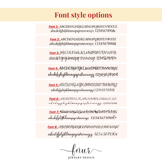 A digital preview sheet showing eight font style options labeled Font 1 through Font 8, with sample uppercase and lowercase lettering and numbers. The top header reads 'Font style options,' and the bottom shows the brand name 'fnur JEWELRY DESIGN' in script.
