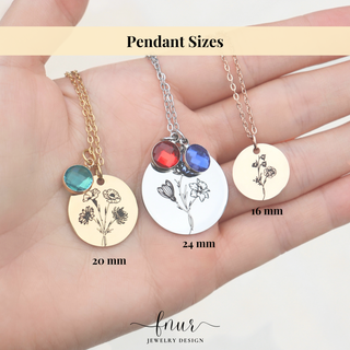 Three necklaces with different pendant sizes held in a hand, labeled '20 mm', '24 mm', and '16 mm'.