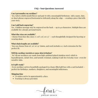 An informational FAQ card from Fnur Jewelry Design explaining customization options, engraving, available disc sizes, chain lengths, and shipping times on a soft peach background.