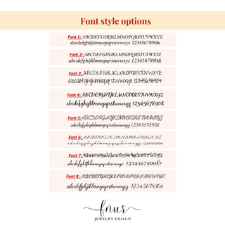 A digital preview sheet showing eight font style options labeled Font 1 through Font 8, with sample text in each typeface and the brand name 'fnur JEWELRY DESIGN' at the bottom.