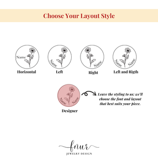A design customization graphic for jewelry engraving, titled 'Choose Your Layout Style'. It shows four circular layout options labeled Horizontal, Left, Right, and Left and Rigth, plus a pink sample labeled Designer.
