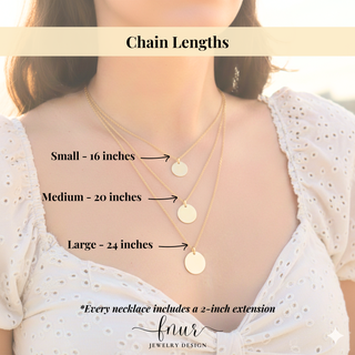 A lifestyle image showing a model wearing three layered gold necklaces with round disc pendants in different sizes, labeled with text indicating chain lengths: Small - 16 inches, Medium - 20 inches, and Large - 24 inches. The brand name 'fnur JEWELRY DESIGN' is visible at the bottom.