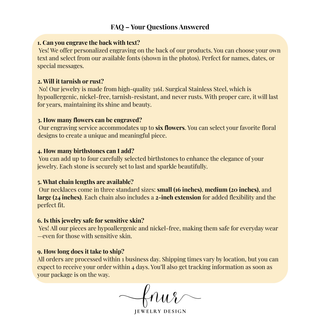 A FAQ information card from 'Flur Jewelry Design' detailing customer questions and answers regarding engraving, tarnish, flower limits, birthstones, chain lengths, and shipping times on a cream background with a light blue border.