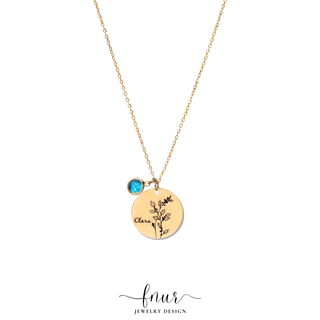 A delicate gold chain necklace featuring a round gold disc pendant engraved with a botanical design and the name 'Claire', accompanied by a small bezel-set round blue gemstone charm. The necklace is displayed on a clean white background with the brand logo 'fnur jewelry design' printed below.