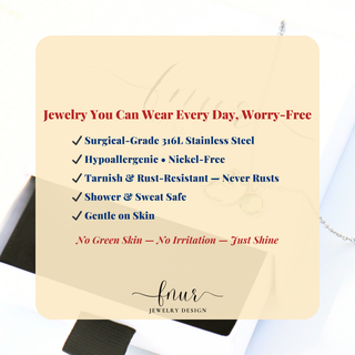 A promotional graphic card for 'fnur Jewelry Design' highlighting daily-wear jewelry benefits. The card is beige with red and blue text, set against a styled background of open jewelry boxes and a silver chain.