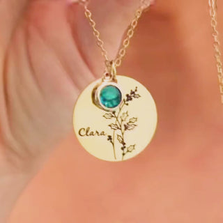 Personalized birth flower necklace with birthstone and custom name engraving