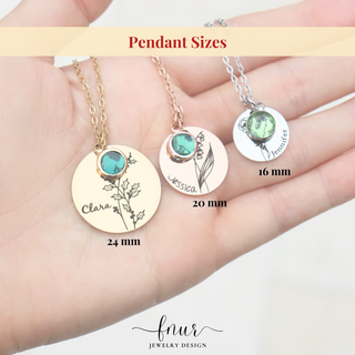 Three round pendant necklaces displayed on a person's hand, labeled with sizes 24 mm, 20 mm, and 16 mm. The pendants are shown in gold, rose gold, and silver finishes with green gemstone settings and engraved names and floral designs.